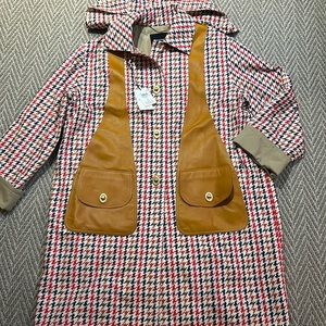 Nwt coach jacket, size L, multi colored with tan leather trim.